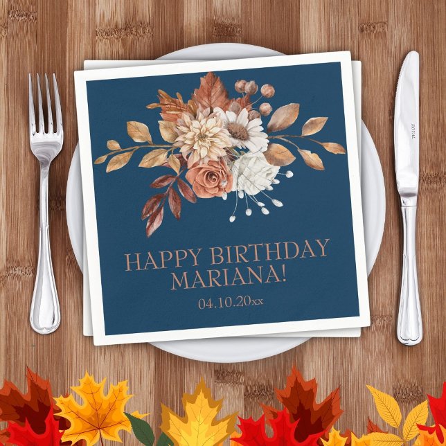 Serviette En Papier Automne Aquarelle Florale Marine Bleu fête d'anniv (Créateur téléchargé)