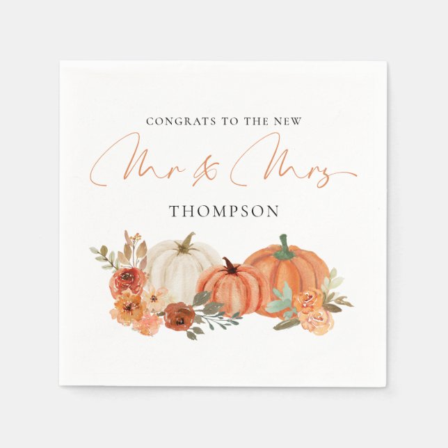 Serviette En Papier Automne Citrouille Florals Félicitations M. Mme Ma (Devant)