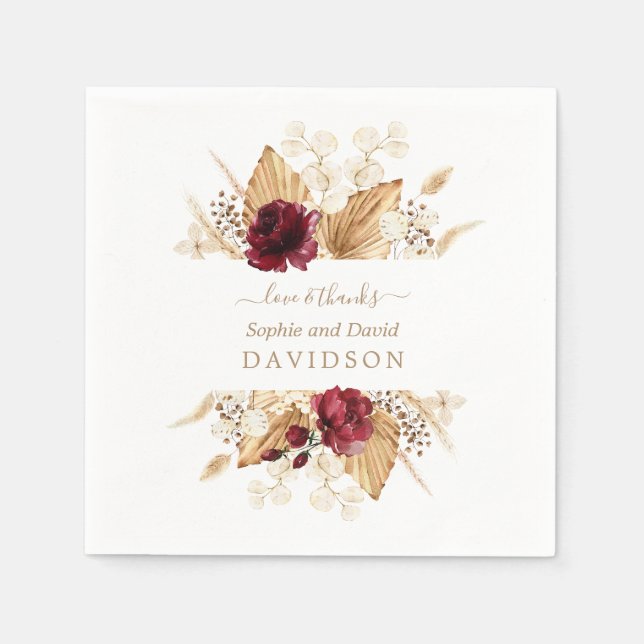 Serviette En Papier Automne Fleurs Bourgogne Pampas Mariage de la paum (Devant)