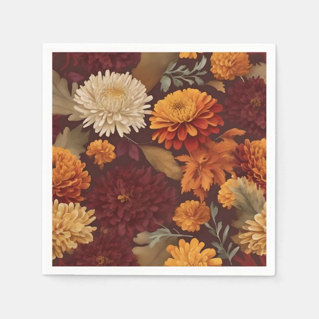 Serviette En Papier Automne Marigolds Chrysanthemums et Asters Motif (Devant)