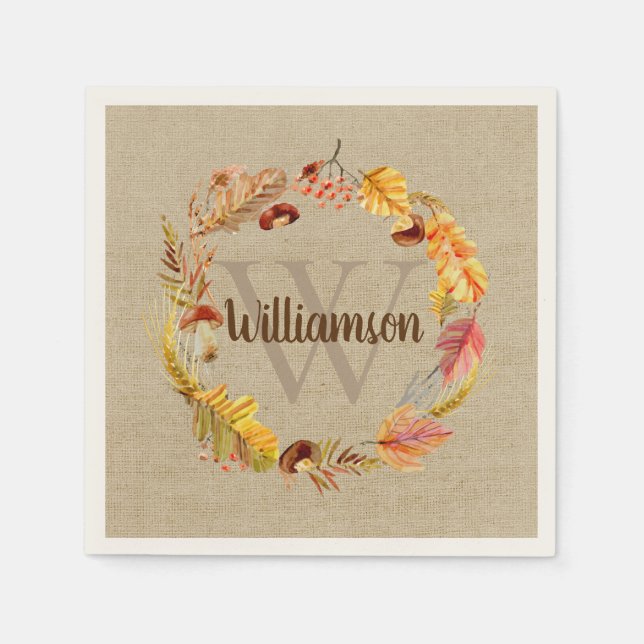 Serviette En Papier Autumn Leaf Wreath Custom Monogramme Thankgiving (Devant)