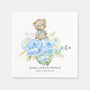 Serviette En Papier Baby Bear Boy Blue Flower   Baby shower serviettes