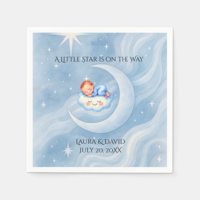 Serviette En Papier Baby Boy Douche Invitation Lune Étoiles Aquarelle (Devant)