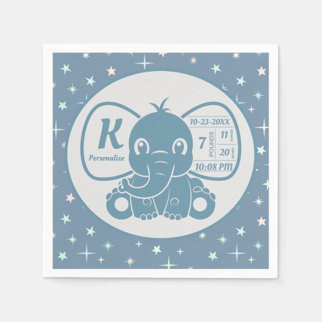 Serviette En Papier Baby Elephant Faire-part de naissance Blue Boy (Devant)