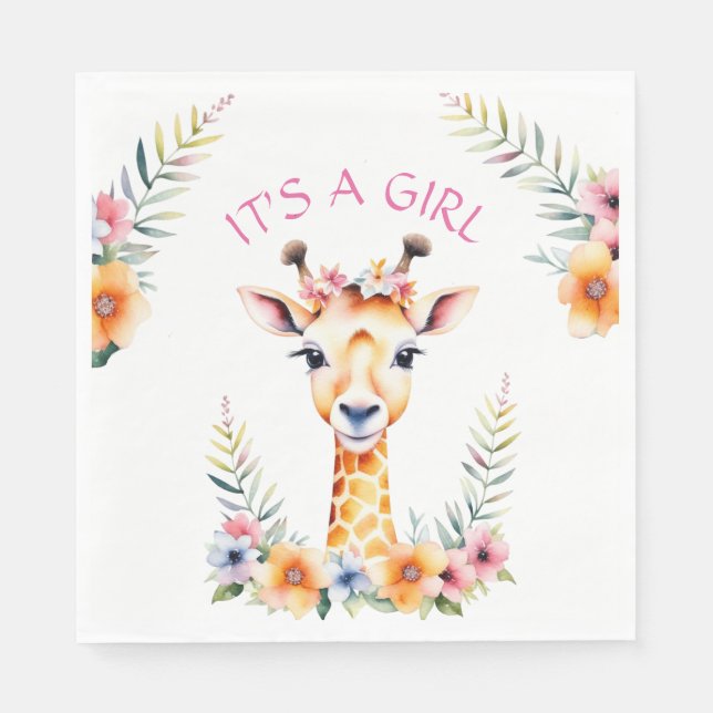 Serviette En Papier Baby Giraffe Floral, C'est une fille | BABY SHOWER (Devant)