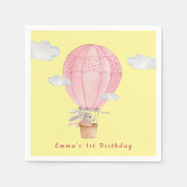 Serviette En Papier Baby Girls 1er anniversaire Bunny in Hot air ballo (Devant)