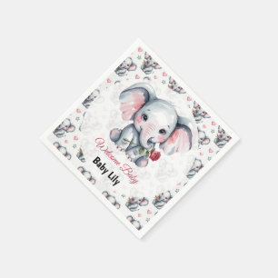 Serviette En Papier Baby Shower à l'éléphant rose aquarelle