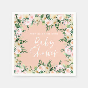 Serviette En Papier Baby shower aquarelle pêche floral vert girly