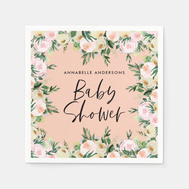 Serviette En Papier Baby shower aquarelle pêche girly script floral (Devant)