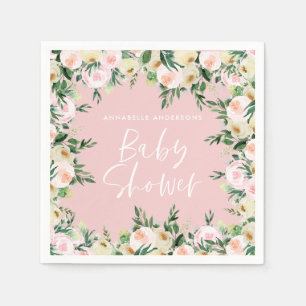 Serviette En Papier Baby shower aquarelle rose floral vert girly
