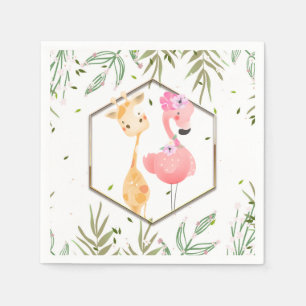 Serviette En Papier Baby Shower Aquarelle Tropicale Flamant Rose & Gir
