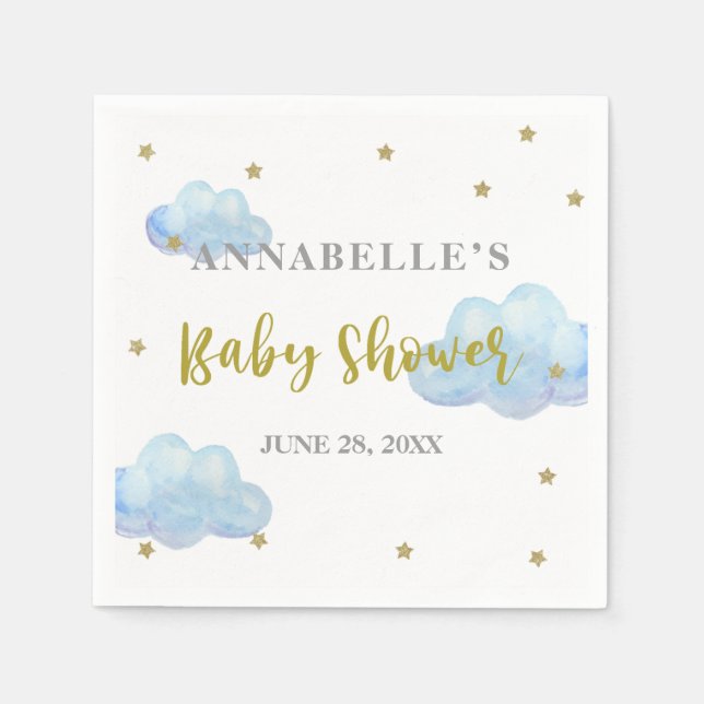 Serviette En Papier Baby shower Aquarelle Twinkle Star Blue Clouds (Devant)