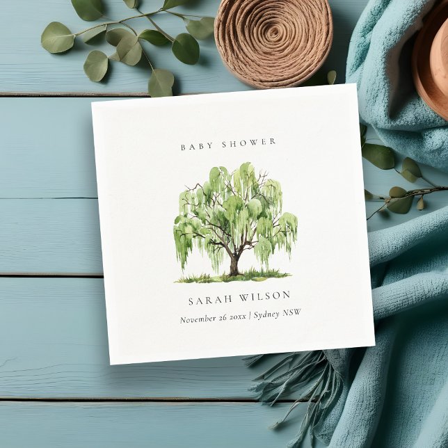 Serviette En Papier Baby Shower Arbre de Saule Aquarelle Vert Rustique (Créateur téléchargé)
