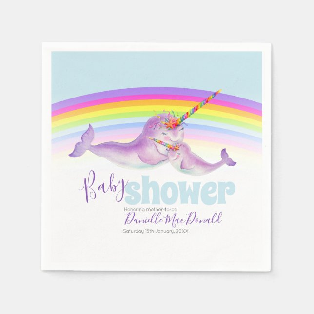 Serviette En Papier Baby shower arc-en-ciel narval mignon (Devant)