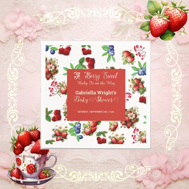 Serviette En Papier Baby shower aux fraises rouges | Blue Berry Sweet  (Red Strawberry Baby Shower | Blue Berry Sweet Cute Napkins)