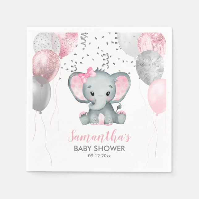 Serviette En Papier Baby shower Ballons roses Eléphant fille mignonne (Devant)