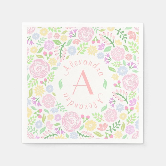 Serviette En Papier Baby shower bébé fille Monogramme Papier floral Na (Devant)