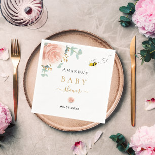 Serviette En Papier Baby shower bee bee rose floral vert fille