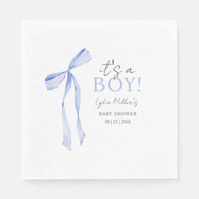Serviette En Papier Baby shower Bleu Bow Invitation, Baby shower garço (Devant)