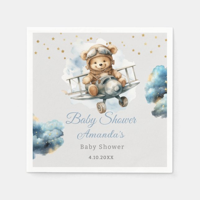 Serviette En Papier Baby shower bleu de l'ours en peluche d'aquarelle (Devant)