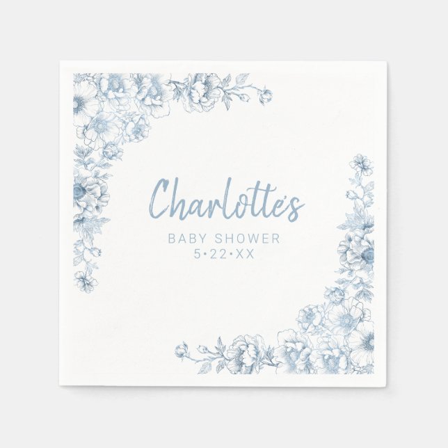 Serviette En Papier Baby shower bleu Dusty serviettes Floral Chinoiser (Devant)