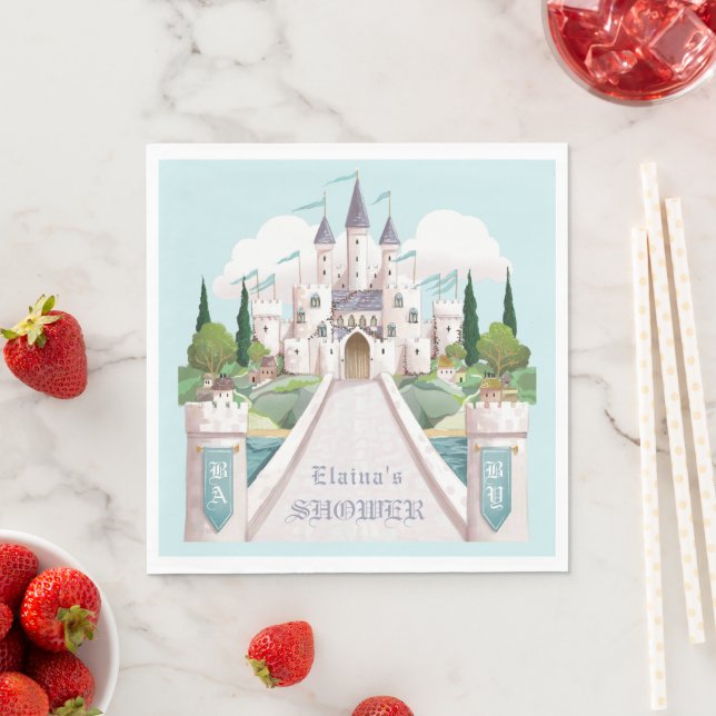 Serviette En Papier Baby shower bleu illustré Storybook Castle (En situation)