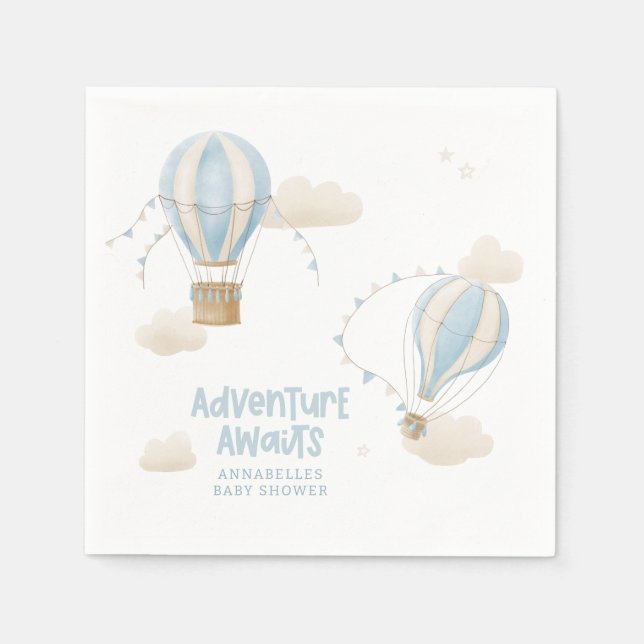 Serviette En Papier Baby shower bleu montgolfière aventure (Devant)