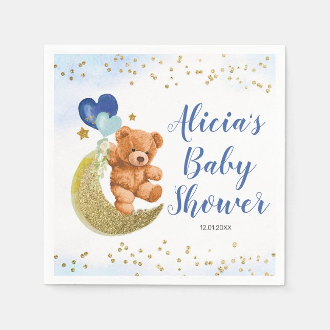 Serviette En Papier Baby shower bleu Teddy Bear Balloon (Devant)