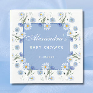 Serviette En Papier Baby shower bohème floral bleu poussiéreux et blan