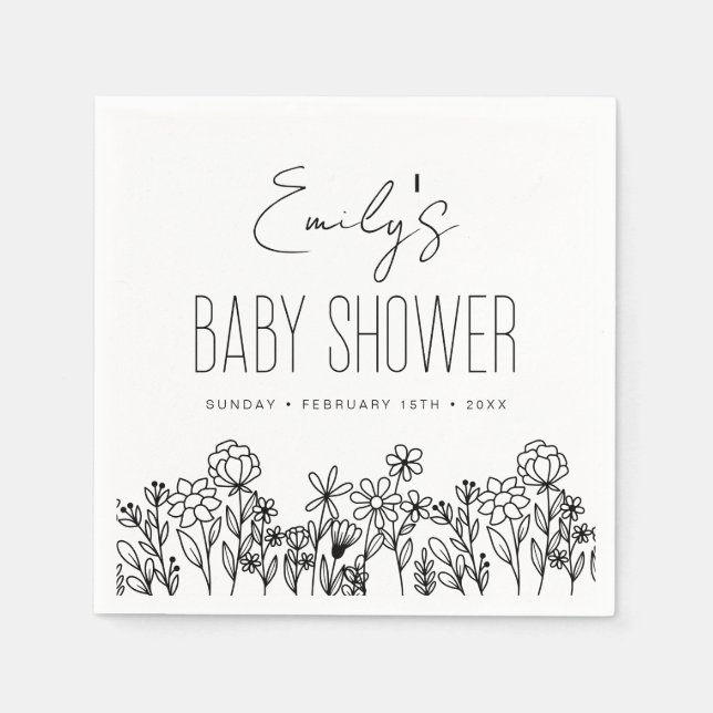 Serviette En Papier Baby shower Boho fleur sauvage En Fleur Noir (Devant)