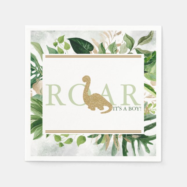 Serviette En Papier Baby shower Brontosaurus Cocktail Vert et Or (Devant)