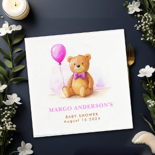 Serviette En Papier Baby shower Brown Teddy Bear Balloon Pastel Pink
