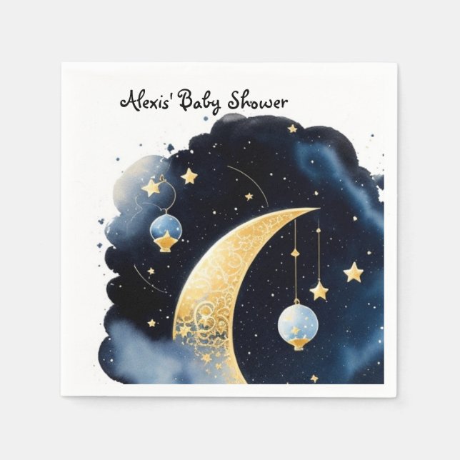 Serviette En Papier Baby shower céleste Lune et étoiles Aquarelle (Devant)