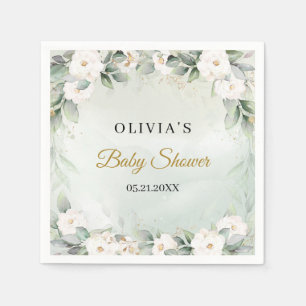 Serviette En Papier Baby shower chic à fleurs vert et blanc
