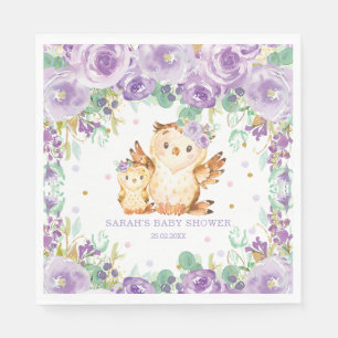 Serviette En Papier Baby shower Chic Whimsical Purple Floral Owl