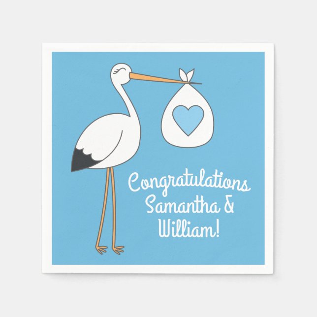 Serviette En Papier Baby shower cigogne bleu garçon (Devant)