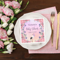 Baby shower cigogne rose violet fleurs fille