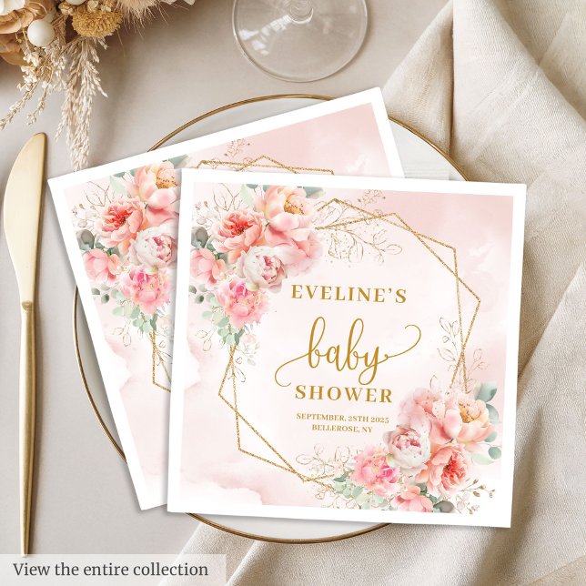 Serviette En Papier Baby shower classique flûte rose vif déjeuner (Classic blush pink florals baby shower luncheon Napkins)