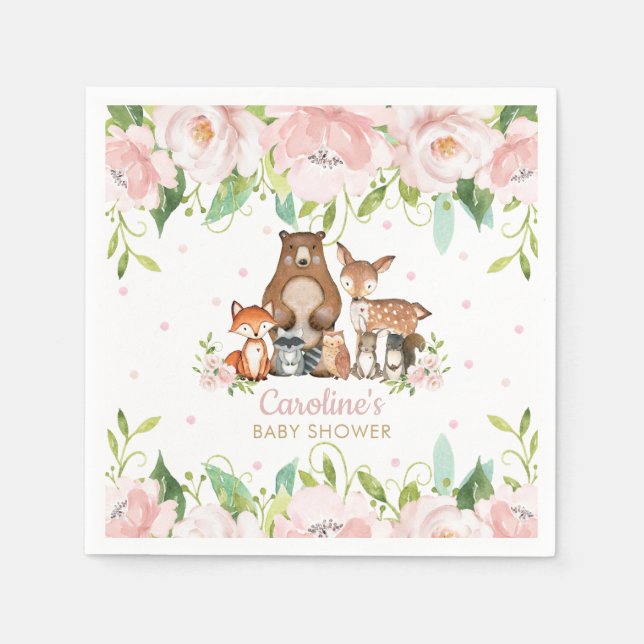 Serviette En Papier Baby shower d'animaux boisés rose pâle (Devant)