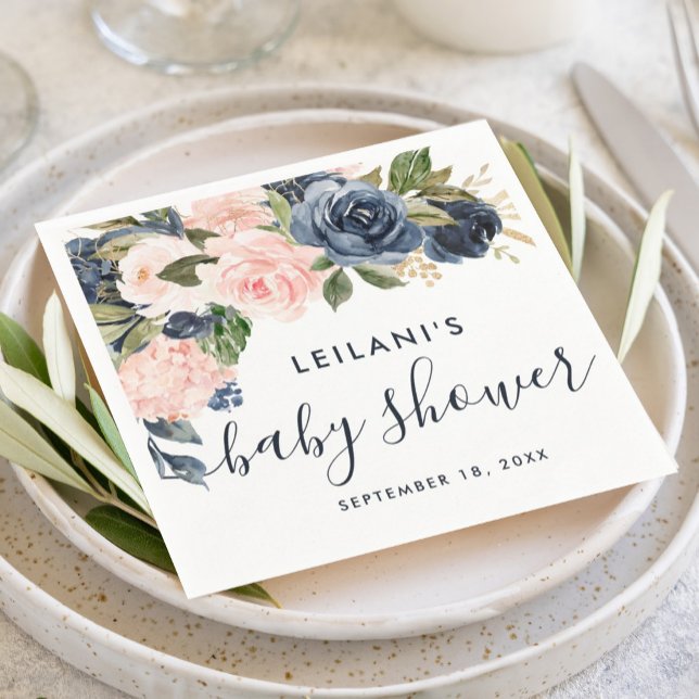 Serviette En Papier Baby shower d'aquarelle Blush Navy Cascade (Floral cascade with a blush pink and navy blue baby shower napkin for an elegant design.)