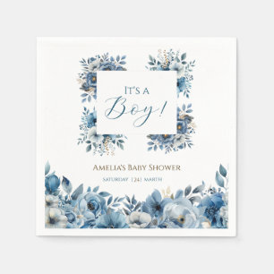 Serviette En Papier Baby shower d'aquarelle Florale bleu moderne