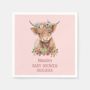 Serviette En Papier Baby shower d'aquarelle Highland Cow rose