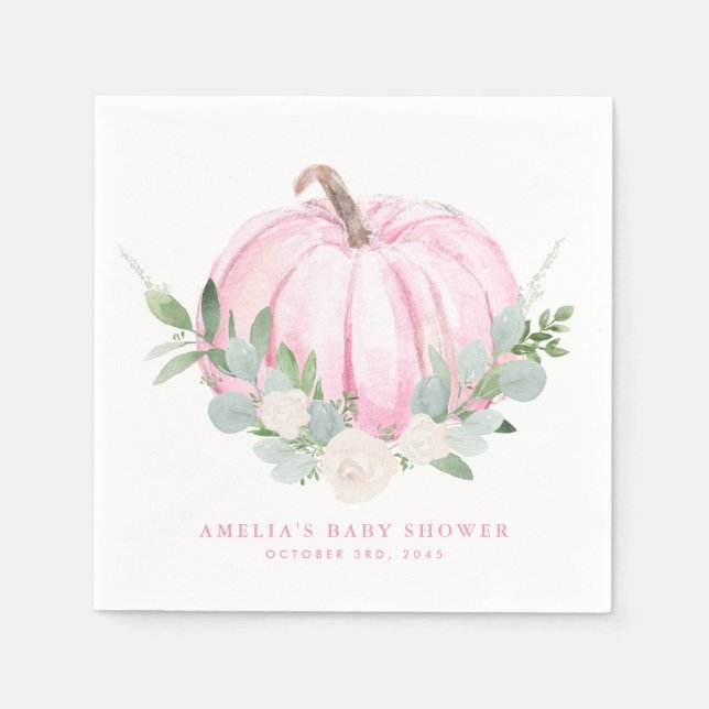 Serviette En Papier Baby shower d'automne Citrouille rose aquarelle (Devant)
