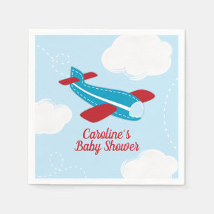 Serviette En Papier Baby shower d'avion rétro en rouge et bleu