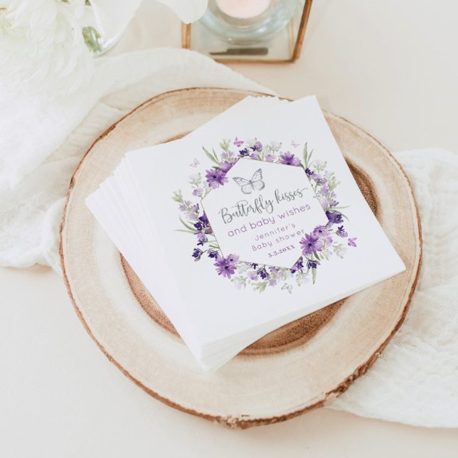 Serviette En Papier Baby shower de baisers de papillon en argent viole (Créateur téléchargé)