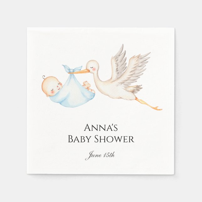Serviette En Papier Baby shower de cigogne pour bébé bleu (Devant)