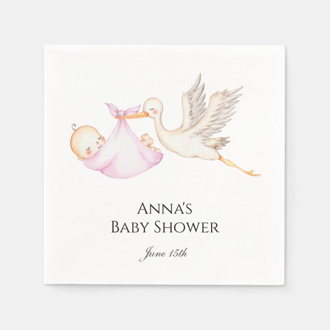 Serviette En Papier Baby shower de cigogne rose bébé fille (Devant)