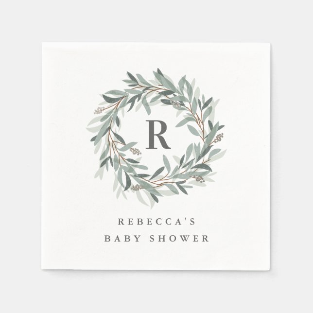 Serviette En Papier Baby shower de couronne de verdure Monogramme (Devant)