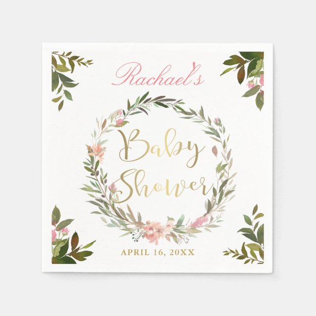 Serviette En Papier Baby shower de couronne fleurie Gold Script (Devant)