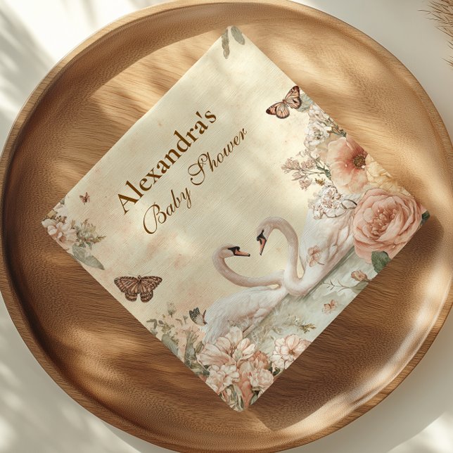 Serviette En Papier Baby shower de cygne floral romantique (Créateur téléchargé)